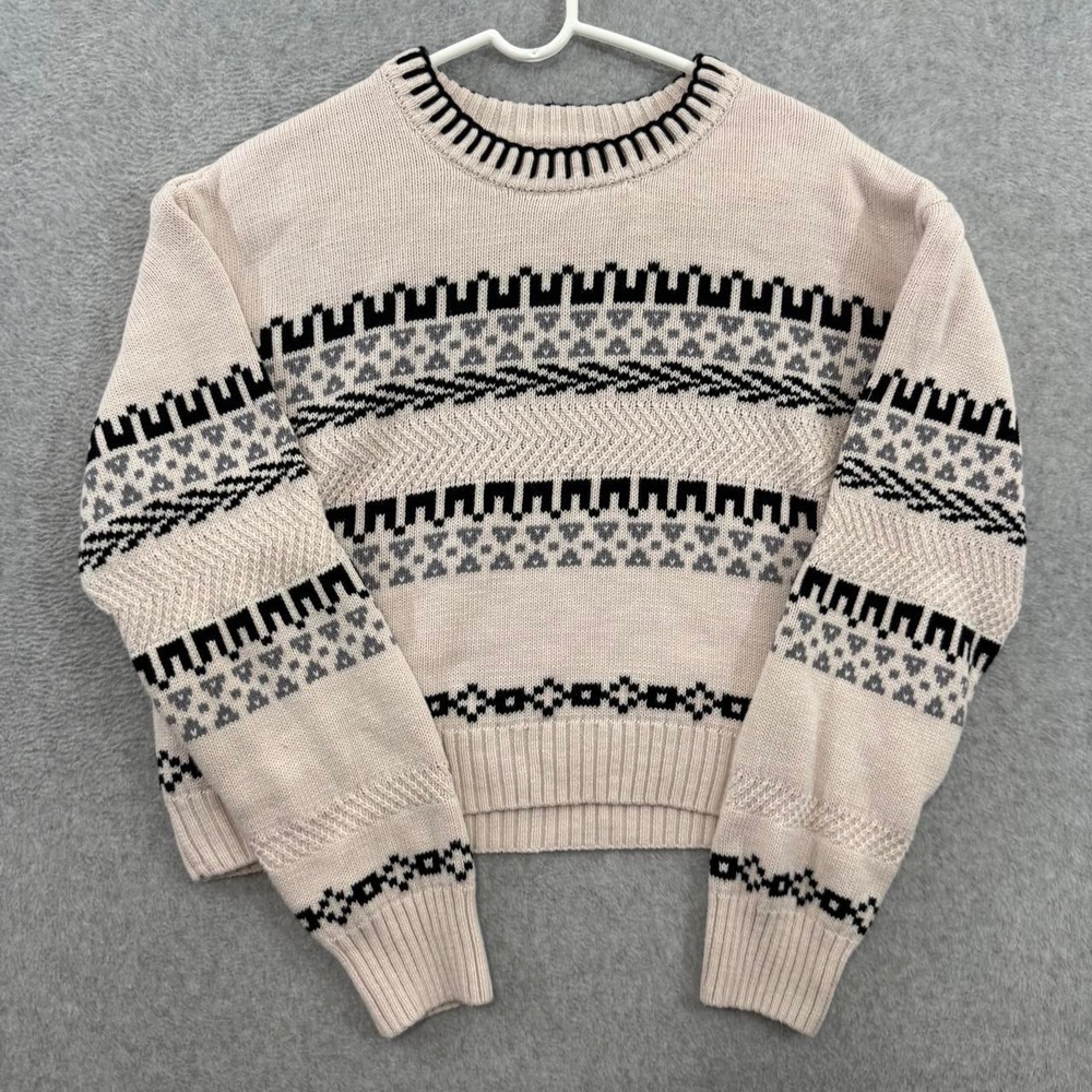 Z Supply Perci Fair Isle Sweater Women's Large Cream Black Gray 100% Cotton